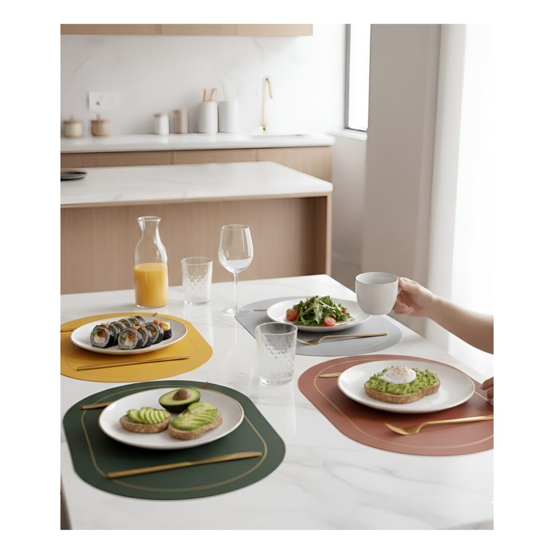 더퓨어리즘365 양면 방수 가죽 식탁매트 식탁테이블매트 4p 세트 북유럽 매트, 4개, 45cm*30cm, 올리브그린+샌드그레이(녹색+회색)할인 상세 이미지 1